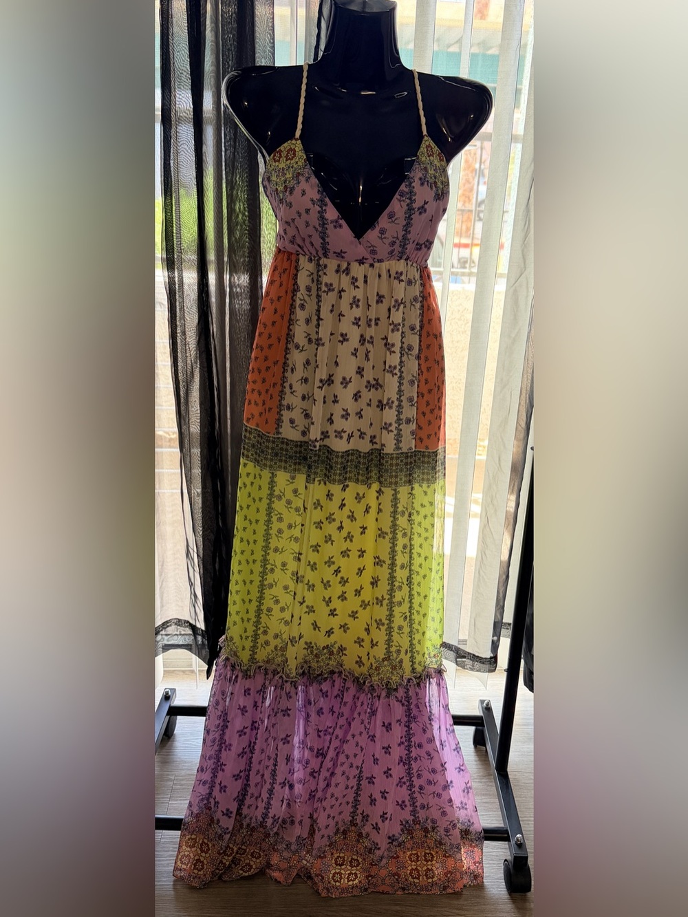 Boho Tiered Maxi Dress— Orange, Cream & Lime Green, Pink